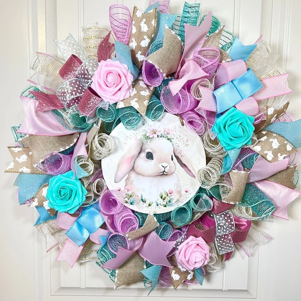 Handmade Spring or Easter Bunny Prelit Ribbon Wreath 22 in LED W22